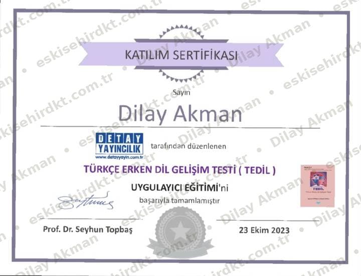 Türkçe Erken Dil Gelişim Testi (TEDİL) Uygulayıcı Eğitimi belgesi önizlemesi